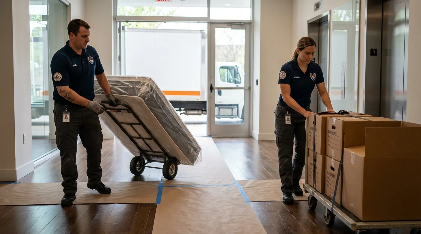 Professional apartment movers loading elevator in Nicholasville, KY