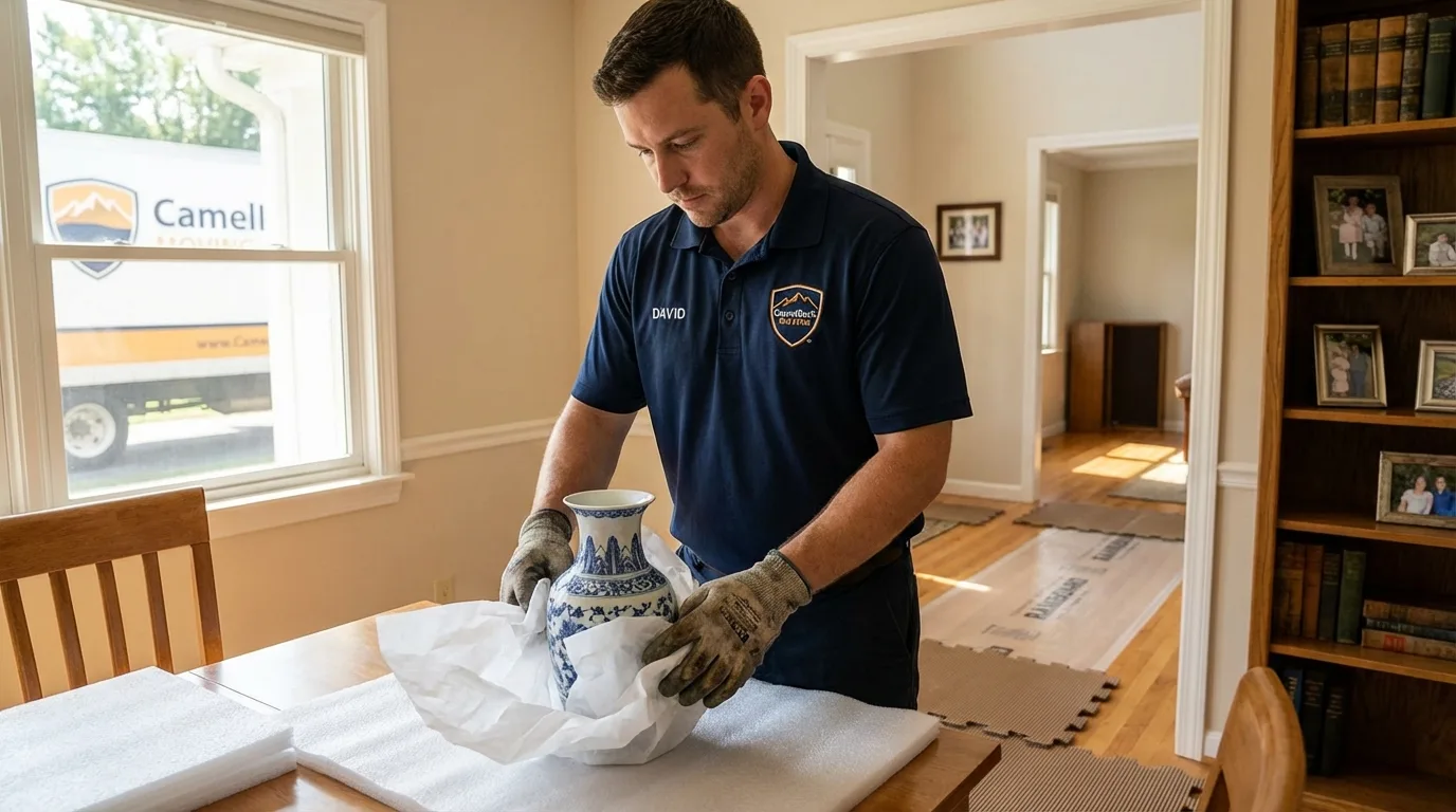 Professional crew carefully wrapping antique vase for senior downsizing move in Nicholasville, KY
